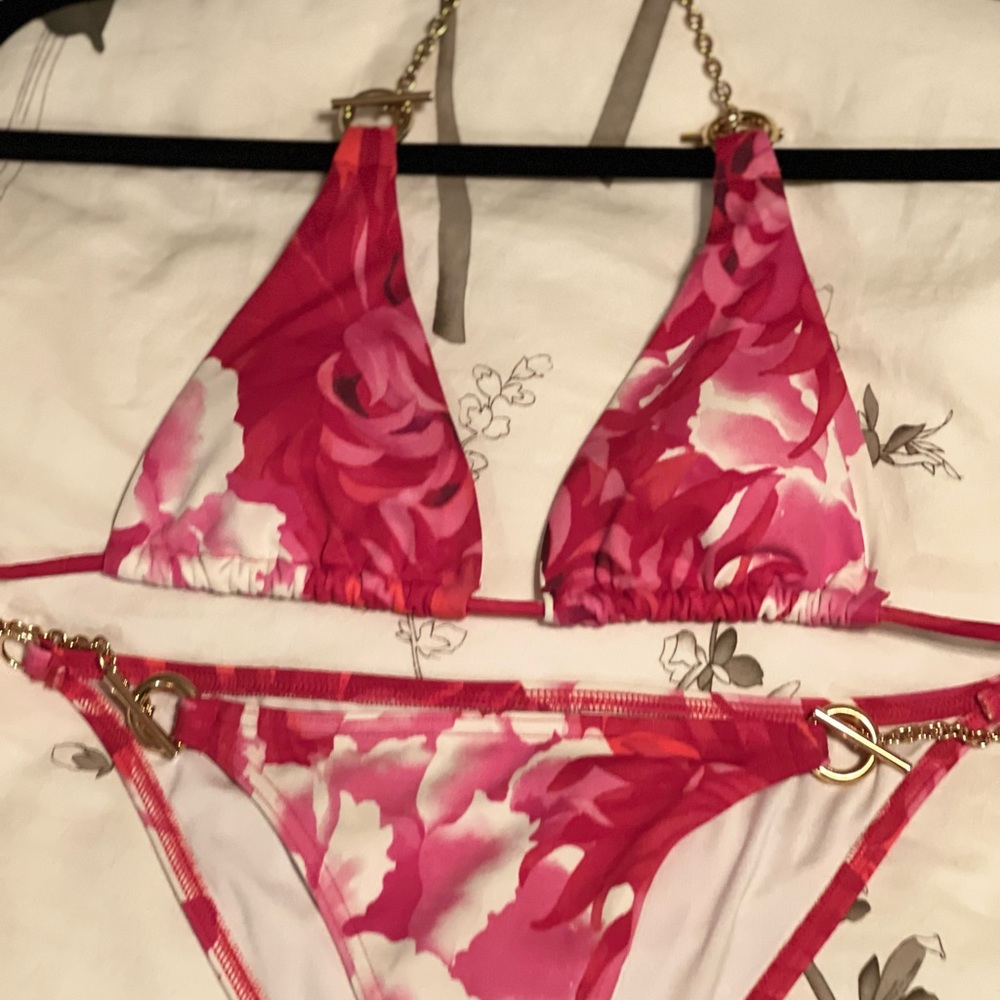 VICTORIA’S SECRET Vintage Red Floral Bikini with Gold Chain Accents Hardware